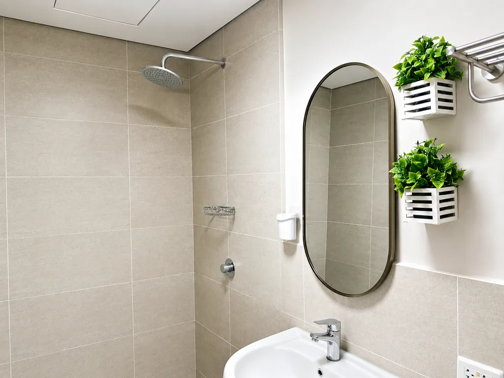 Shower with hot water and the basin